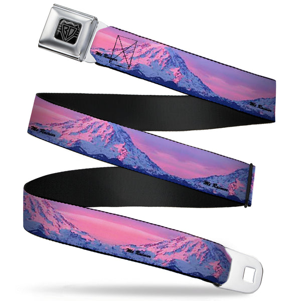 buckle down BD Wings Logo CLOSE-UP Full Color Black Silver Seatbelt Belt - Washington MT. RAINIER Sunset Landscape Webbing
