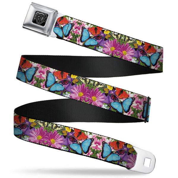 buckle down BD Wings Logo CLOSE-UP Full Color Black Silver Seatbelt Belt - Vivid Butterfly Garden Webbing