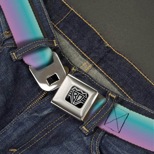 Buckle Down BD Wings Logo CLOSE-UP Full Color Black Silver Seatbelt Belt - Ombre Blue-Green/Purple Webbing