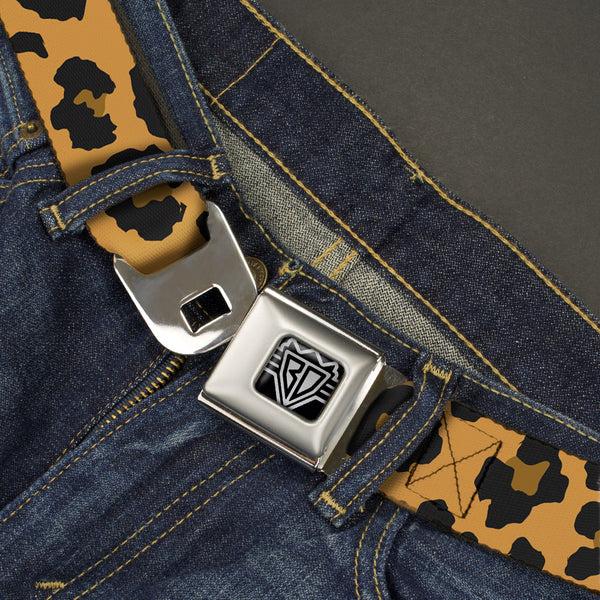 Buckle Down BD Wings Logo CLOSE-UP Full Color Black Silver Seatbelt Belt - Leopard Brown2 Webbing