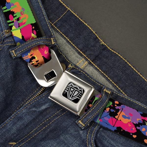 Buckle Down BD Wings Logo CLOSE-UP Full Color Black Silver Seatbelt Belt - BD Paint Splatter Black/Neon Webbing
