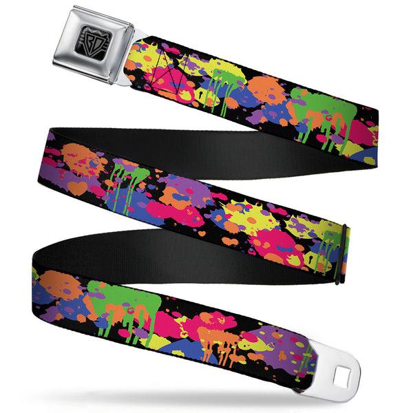 buckle down BD Wings Logo CLOSE-UP Full Color Black Silver Seatbelt Belt - BD Paint Splatter Black/Neon Webbing