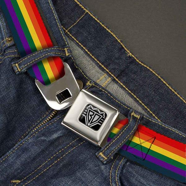 Buckle Down BD Wings Logo CLOSE-UP Full Color Black Silver Seatbelt Belt - Rainbow Webbing