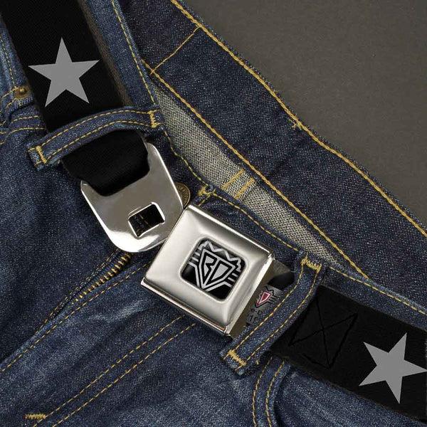 Buckle Down BD Wings Logo CLOSE-UP Full Color Black Silver Seatbelt Belt - Star Black/Silver Webbing