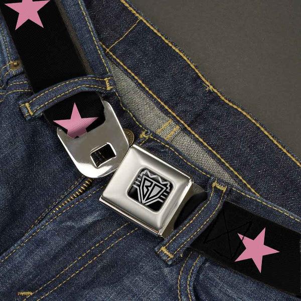 Buckle Down BD Wings Logo CLOSE-UP Full Color Black Silver Seatbelt Belt - Star Black/Pink Webbing
