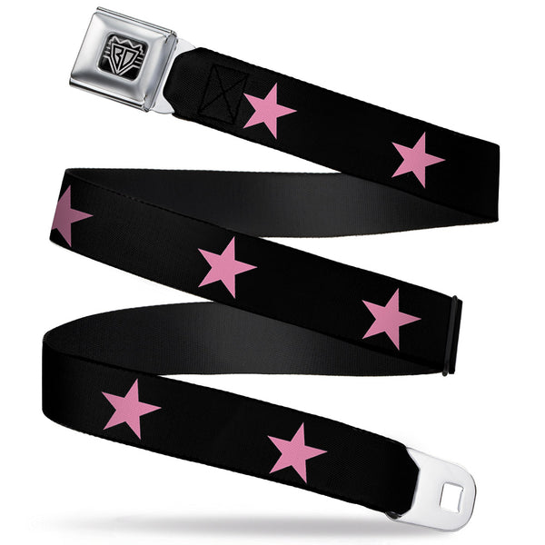 buckle down BD Wings Logo CLOSE-UP Full Color Black Silver Seatbelt Belt - Star Black/Pink Webbing