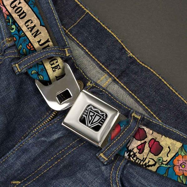 Buckle Down BD Wings Logo CLOSE-UP Full Color Black Silver Seatbelt Belt - Only God Can Judge Me Blue Webbing