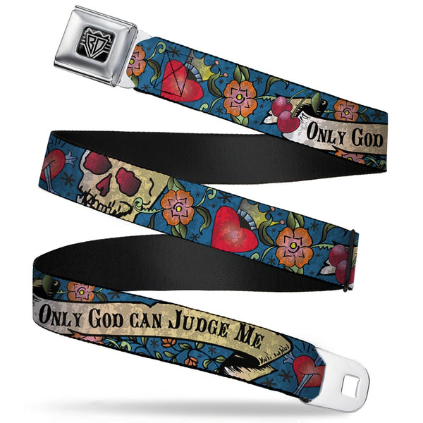 buckle down BD Wings Logo CLOSE-UP Full Color Black Silver Seatbelt Belt - Only God Can Judge Me Blue Webbing