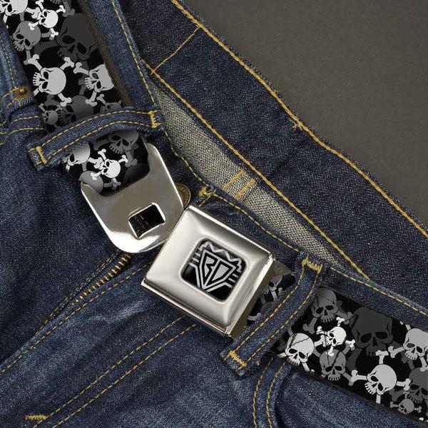 Buckle Down BD Wings Logo CLOSE-UP Full Color Black Silver Seatbelt Belt - Top Skulls Stacked Black/Gray/White Webbing