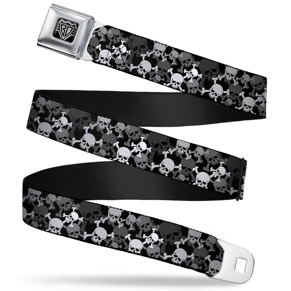 buckle down BD Wings Logo CLOSE-UP Full Color Black Silver Seatbelt Belt - Top Skulls Stacked Black/Gray/White Webbing