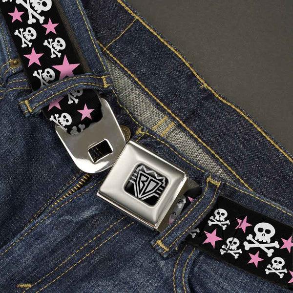 Buckle Down BD Wings Logo CLOSE-UP Full Color Black Silver Seatbelt Belt - Skulls & Stars Black/White/Pink Webbing