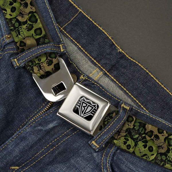 Buckle Down BD Wings Logo CLOSE-UP Full Color Black Silver Seatbelt Belt - Camo Olive/Black Skull Yard2 Webbing