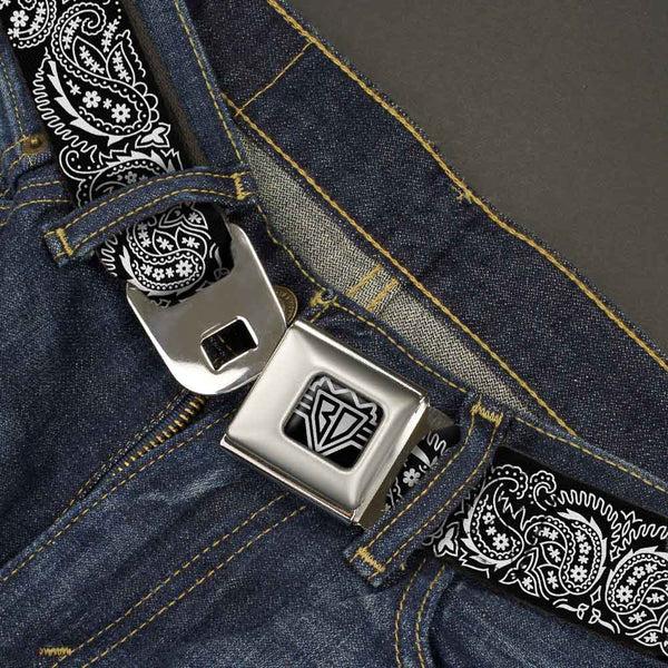 Buckle Down BD Wings Logo CLOSE-UP Full Color Black Silver Seatbelt Belt - Floral Paisley2 Black/White Webbing