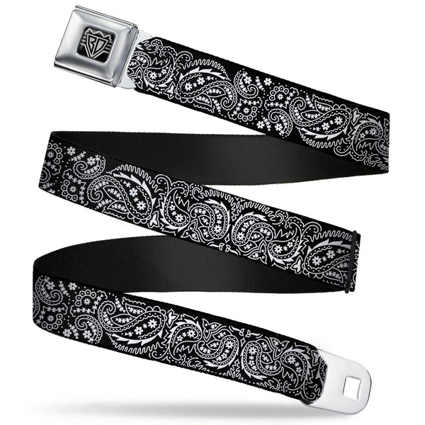 buckle down BD Wings Logo CLOSE-UP Full Color Black Silver Seatbelt Belt - Floral Paisley2 Black/White Webbing