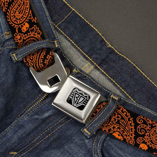 Buckle Down BD Wings Logo CLOSE-UP Full Color Black Silver Seatbelt Belt - Bandana/Skulls Black/Orange Webbing
