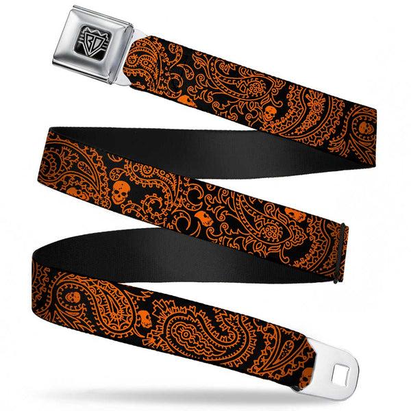 buckle down BD Wings Logo CLOSE-UP Full Color Black Silver Seatbelt Belt - Bandana/Skulls Black/Orange Webbing