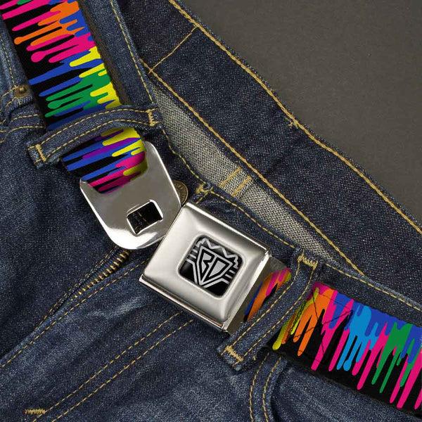 Buckle Down BD Wings Logo CLOSE-UP Full Color Black Silver Seatbelt Belt - Paint Drips Black/Multi Neon Webbing