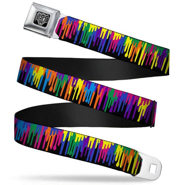 buckle down BD Wings Logo CLOSE-UP Full Color Black Silver Seatbelt Belt - Paint Drips Black/Multi Neon Webbing