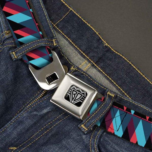 Buckle Down BD Wings Logo CLOSE-UP Full Color Black Silver Seatbelt Belt - Geometric Peaks Blues/Purple/Red Webbing