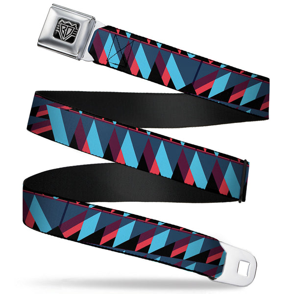 buckle down BD Wings Logo CLOSE-UP Full Color Black Silver Seatbelt Belt - Geometric Peaks Blues/Purple/Red Webbing
