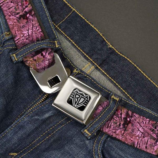 Buckle Down BD Wings Logo CLOSE-UP Full Color Black Silver Seatbelt Belt - Hunting Camo Pinks Webbing