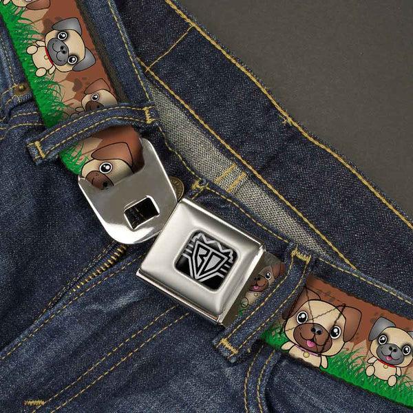 Buckle Down BD Wings Logo CLOSE-UP Full Color Black Silver Seatbelt Belt - Pug Puppies/Paw Prints Browns/Greens Webbing