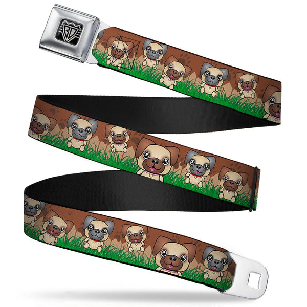 buckle down BD Wings Logo CLOSE-UP Full Color Black Silver Seatbelt Belt - Pug Puppies/Paw Prints Browns/Greens Webbing