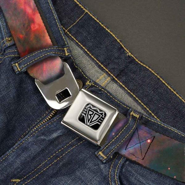 Buckle Down BD Wings Logo CLOSE-UP Full Color Black Silver Seatbelt Belt - Supernova Space Collage Webbing