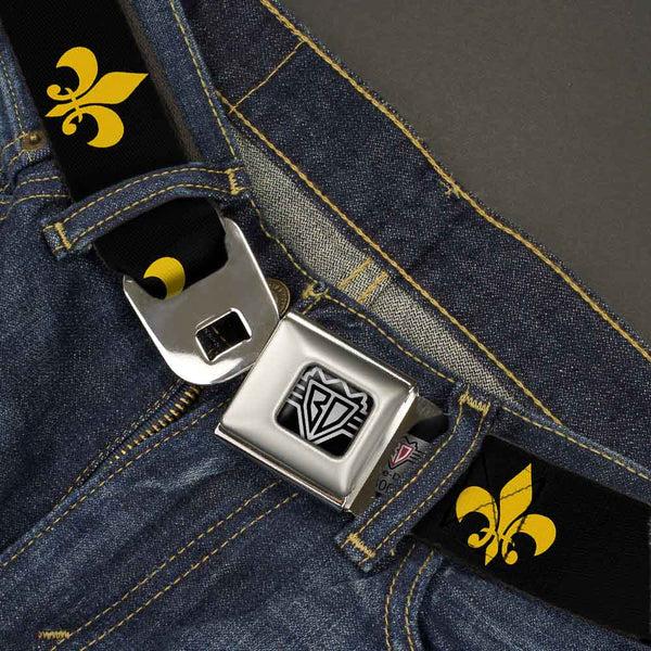 Buckle Down BD Wings Logo CLOSE-UP Full Color Black Silver Seatbelt Belt - Fleur-de-Lis Black/Yellow Webbing