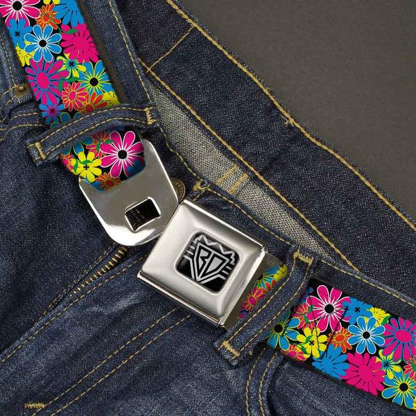 Buckle Down BD Wings Logo CLOSE-UP Full Color Black Silver Seatbelt Belt - Flower Blossom Webbing