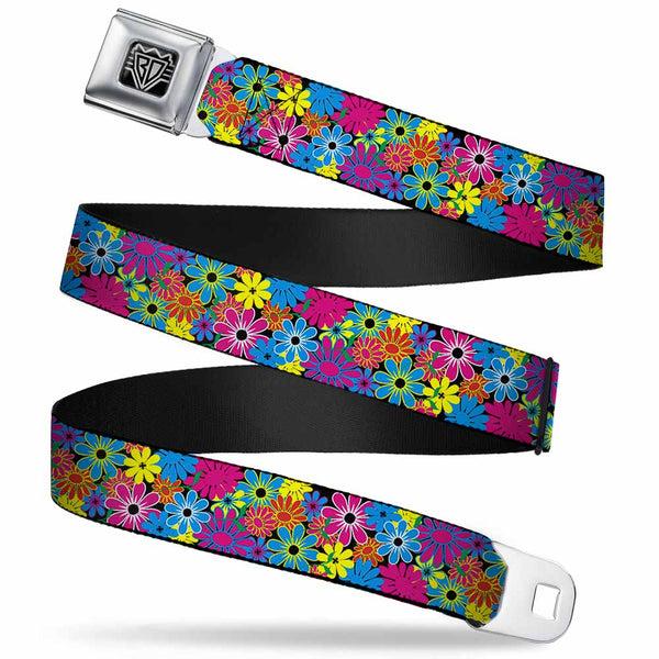 buckle down BD Wings Logo CLOSE-UP Full Color Black Silver Seatbelt Belt - Flower Blossom Webbing