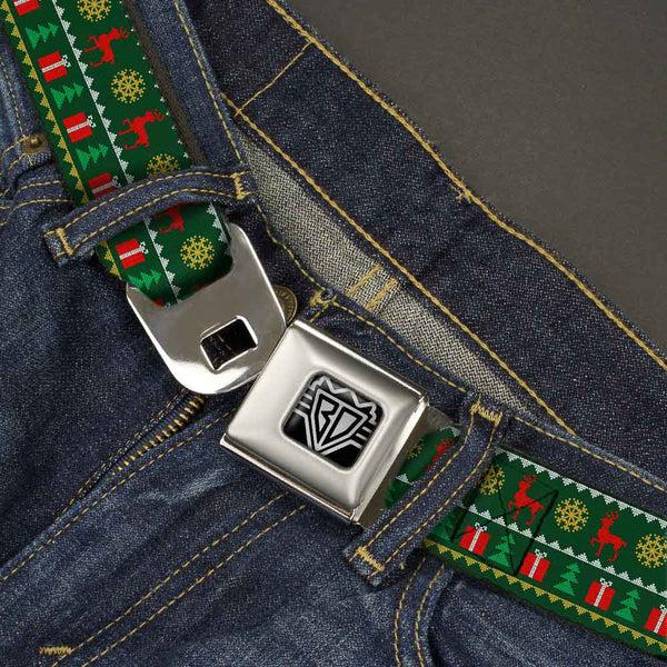 Buckle Down BD Wings Logo CLOSE-UP Full Color Black Silver Seatbelt Belt - Christmas Sweater Stitch Green/White/Gold/Red Webbing