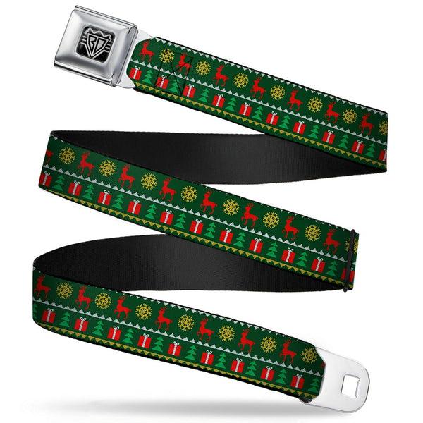buckle down BD Wings Logo CLOSE-UP Full Color Black Silver Seatbelt Belt - Christmas Sweater Stitch Green/White/Gold/Red Webbing