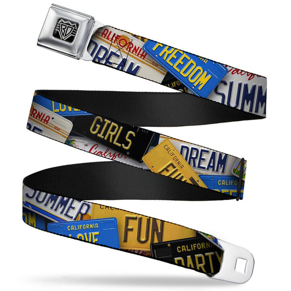 buckle down BD Wings Logo CLOSE-UP Full Color Black Silver Seatbelt Belt - Cali License Plates Stacked Webbing