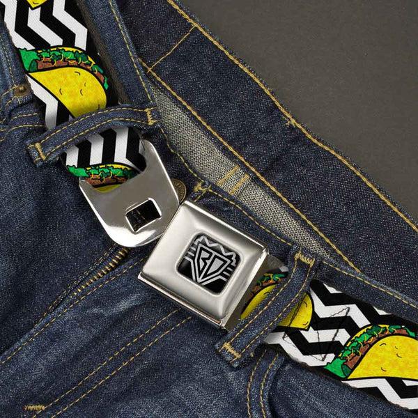 Buckle Down BD Wings Logo CLOSE-UP Full Color Black Silver Seatbelt Belt - Taco/Chevron Black/White Webbing