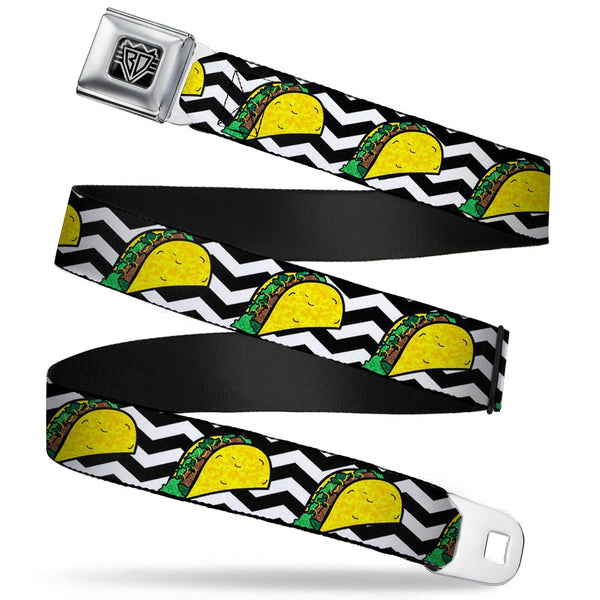 buckle down BD Wings Logo CLOSE-UP Full Color Black Silver Seatbelt Belt - Taco/Chevron Black/White Webbing