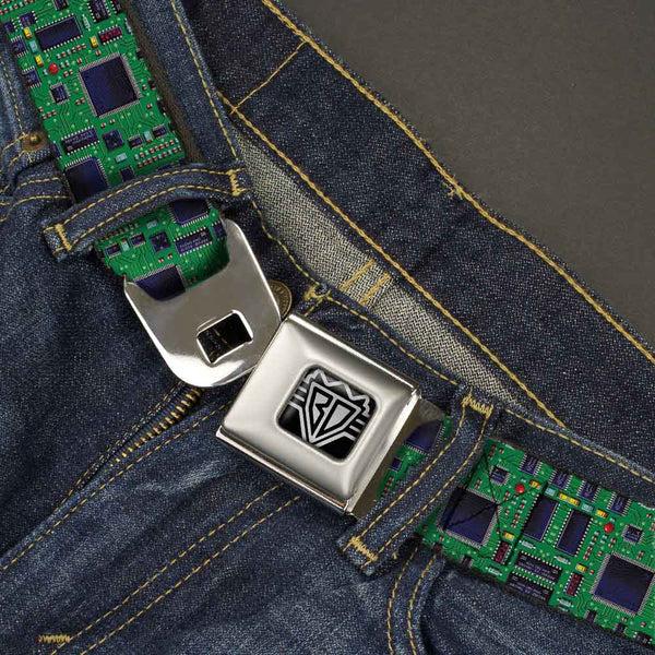 Buckle Down BD Wings Logo CLOSE-UP Full Color Black Silver Seatbelt Belt - Circuit Board2 Webbing