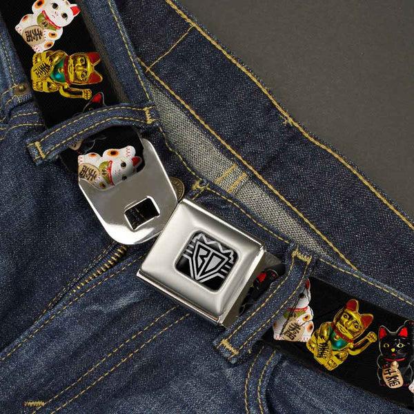 Buckle Down BD Wings Logo CLOSE-UP Full Color Black Silver Seatbelt Belt - Maneki Neko Lucky Cats Gold/Black/White Webbing