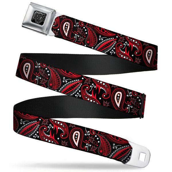 buckle down BD Wings Logo CLOSE-UP Full Color Black Silver Seatbelt Belt - Floral Paisley3 Black/Red/Gray/White Webbing
