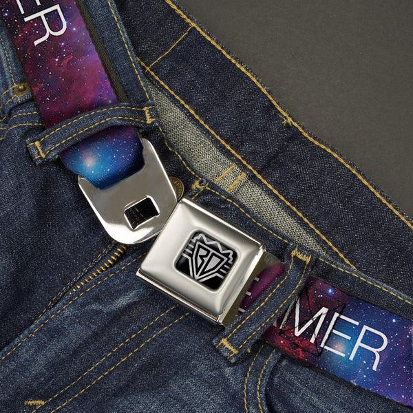 Buckle Down BD Wings Logo CLOSE-UP Full Color Black Silver Seatbelt Belt - DREAMER Galaxy/White Webbing