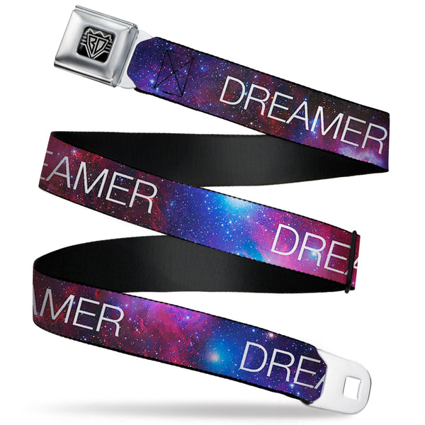 buckle down BD Wings Logo CLOSE-UP Full Color Black Silver Seatbelt Belt - DREAMER Galaxy/White Webbing