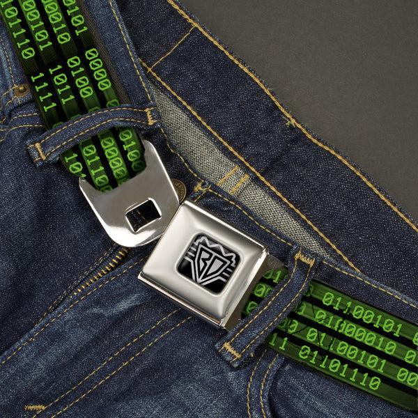 Buckle Down BD Wings Logo CLOSE-UP Full Color Black Silver Seatbelt Belt - Binary Code Black/Green Webbing