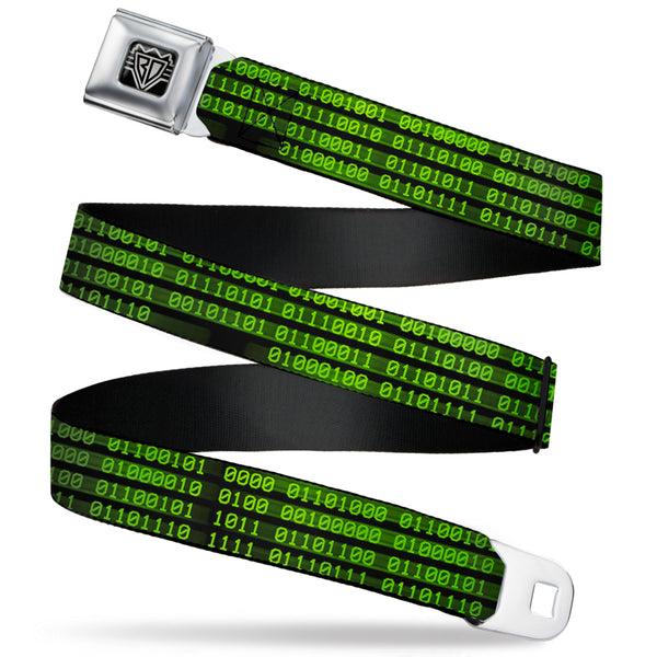 buckle down BD Wings Logo CLOSE-UP Full Color Black Silver Seatbelt Belt - Binary Code Black/Green Webbing