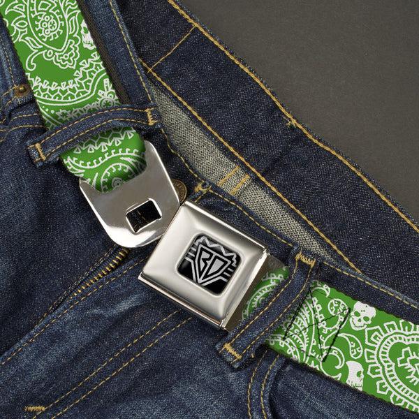 Buckle Down BD Wings Logo CLOSE-UP Full Color Black Silver Seatbelt Belt - Bandana/Skulls Irish Green/White Webbing