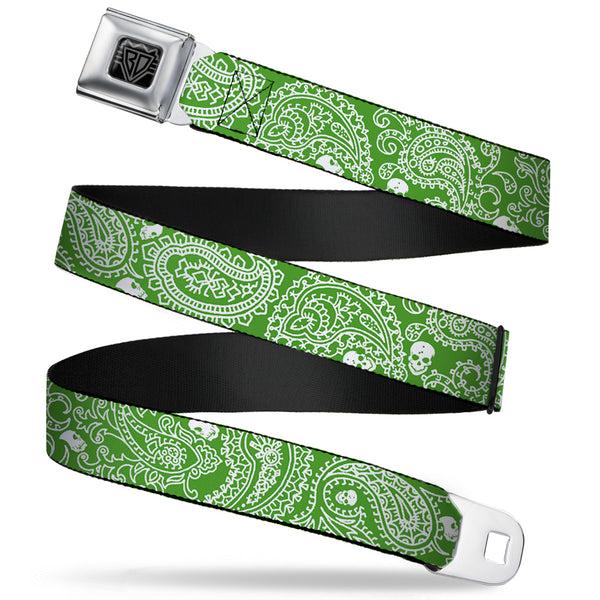 buckle down BD Wings Logo CLOSE-UP Full Color Black Silver Seatbelt Belt - Bandana/Skulls Irish Green/White Webbing