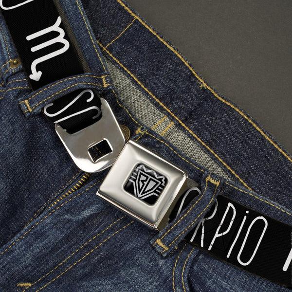 Buckle Down BD Wings Logo CLOSE-UP Full Color Black Silver Seatbelt Belt - Zodiac SCORPIO/Symbol Black/White Webbing
