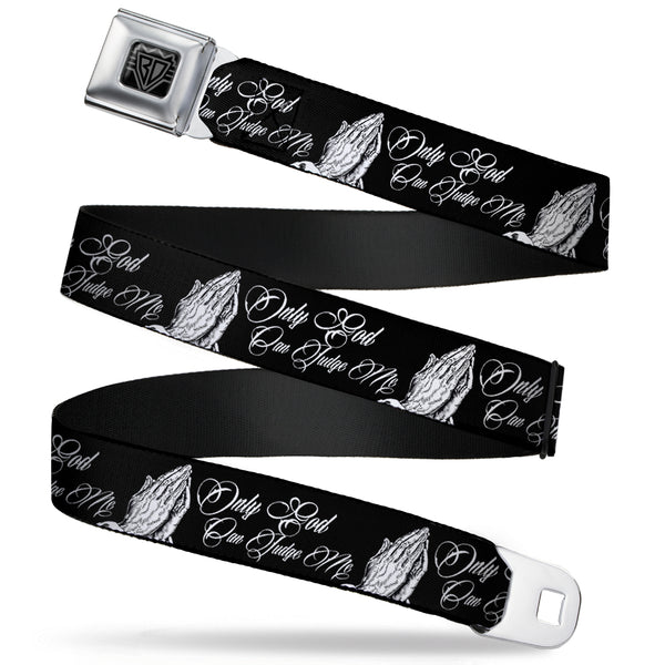 buckle down BD Wings Logo CLOSE-UP Full Color Black Silver Seatbelt Belt - ONLY GOD CAN JUDGE ME Script/Praying Hands Black/White Webbing