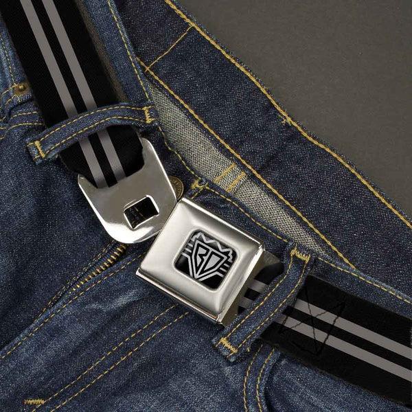 Buckle Down BD Wings Logo CLOSE-UP Full Color Black Silver Seatbelt Belt - Stripe Black/Gray Webbing