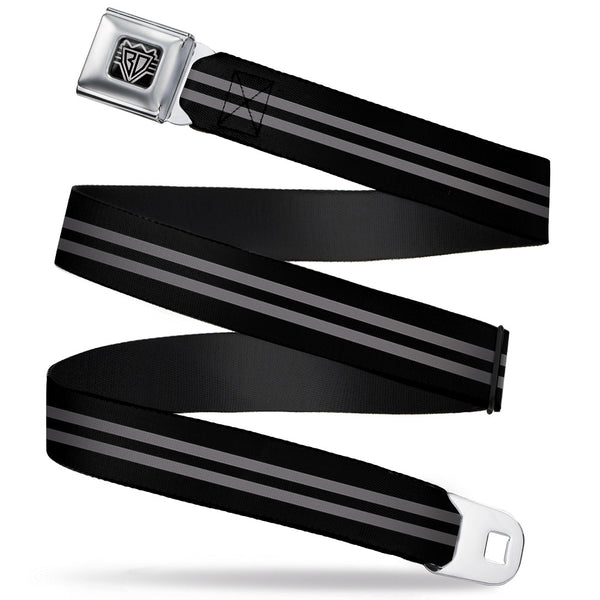 buckle down BD Wings Logo CLOSE-UP Full Color Black Silver Seatbelt Belt - Stripe Black/Gray Webbing