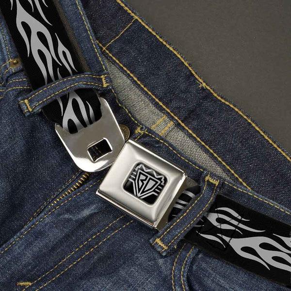 Buckle Down BD Wings Logo CLOSE-UP Full Color Black Silver Seatbelt Belt - Flame Silver Webbing